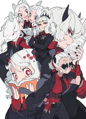 Helltaker characters: Lucifer, Cerberus, Justice, Modeus, and Malina