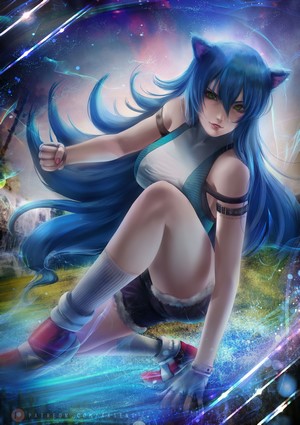 Blue-haired anime girl with animal ears