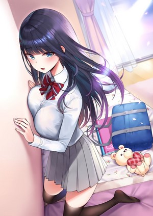 Anime girl in school uniform kneeling on a bed