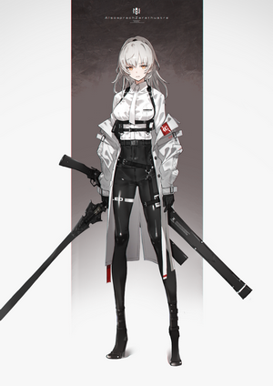 Anime girl with silver hair and weapons