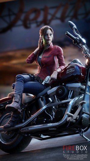 Claire Redfield from Resident Evil on a Harley-Davidson motorcycle