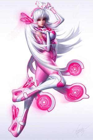 Original character with pink and white suit and silver hair