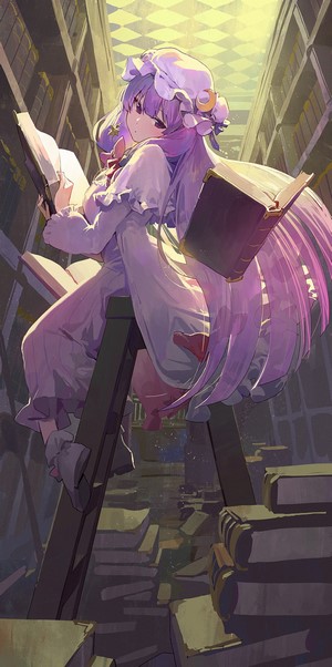 Patchouli Knowledge from Touhou reading books in a library