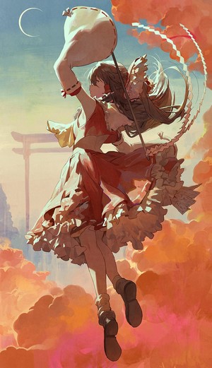 Hakurei Reimu from Touhou holding a large bag