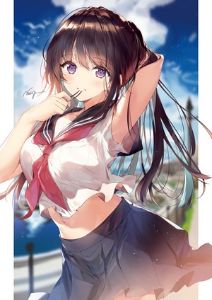 Anime girl with purple eyes in school uniform