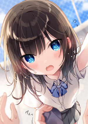 Anime girl with blue eyes in school uniform, POV