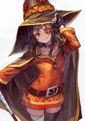 Megumin from KonoSuba wearing a witch hat and eyepatch