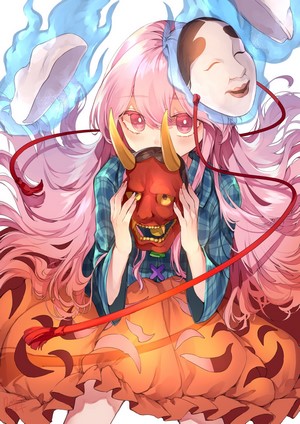 Hata no Kokoro from Touhou holding masks