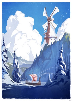 Viking ship sailing past snowy mountains with a windmill