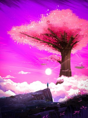 Digital art of a person standing on a cliff under a cherry blossom tree