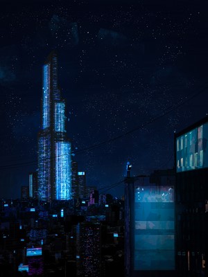 Cityscape at night with a tall skyscraper and stars