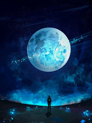 Artwork of a person looking at a glowing planet