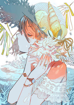 Anime girl with short hair wearing a hat decorated with seashells