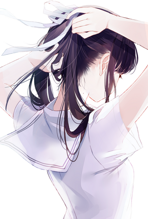 Anime girl with dark hair tying ponytail