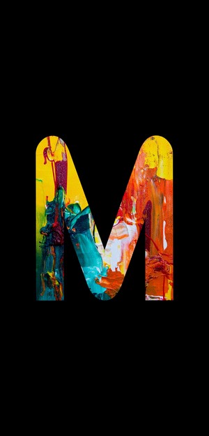 Letter M with abstract paint strokes on black background
