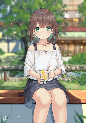 Anime girl with brown hair and green eyes holding a drink