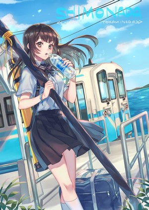 Anime girl drinking water at a train station