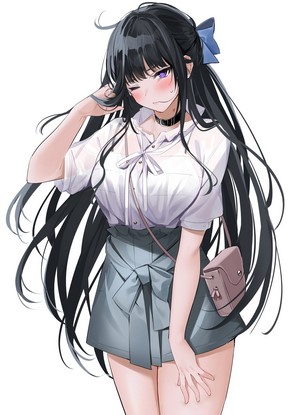 Anime girl with black hair and purple eyes wearing a white blouse and skirt