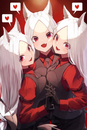 Cerberus from Helltaker holding hands
