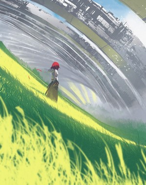 Girl in grassy field with futuristic structure