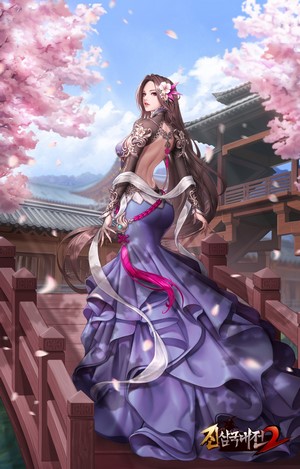 Woman in purple dress with cherry blossoms