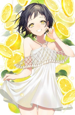 Anime girl with black hair and yellow eyes surrounded by lemons