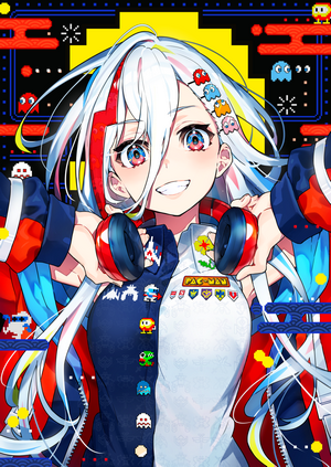 Anime girl with headphones and Pac-Man theme