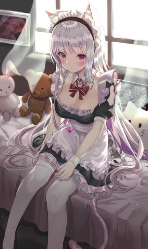 Cat girl maid with purple eyes and silver hair