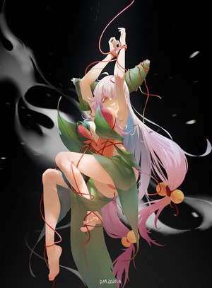 Anime girl with long hair tied with red strings