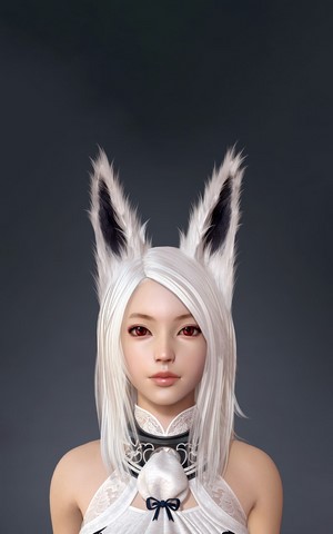 3D render of a character with white hair and red eyes
