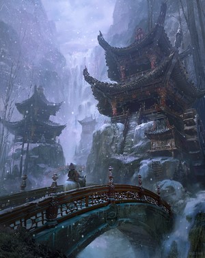 Winter mountain temple with waterfall and bridge