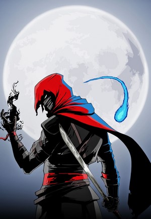 Ninja with sword and magic under the moon