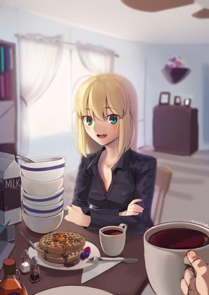 Arturia Pendragon from Fate/Stay Night eating breakfast