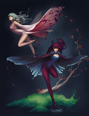 Two fairies with butterfly wings in a dark forest