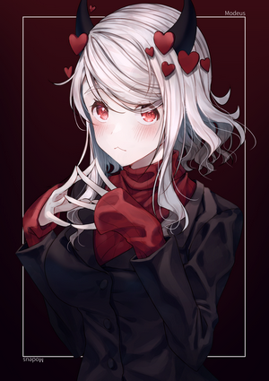 Modeus from Helltaker with red hearts and horns