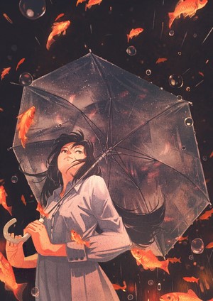 Woman holding an umbrella with fish raining down