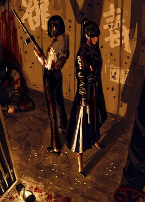 Two women with guns in a gritty alleyway