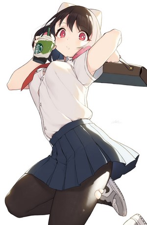 Anime girl with cat ears holding a Starbucks drink