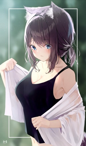 Anime girl with wolf ears wearing a black swimsuit