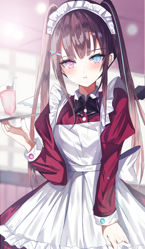 Anime maid girl with twintails and heterochromia