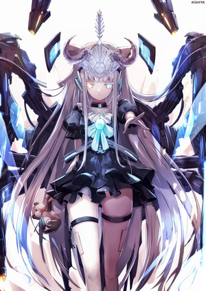 Anime girl with horns and heterochromia holding a teddy bear