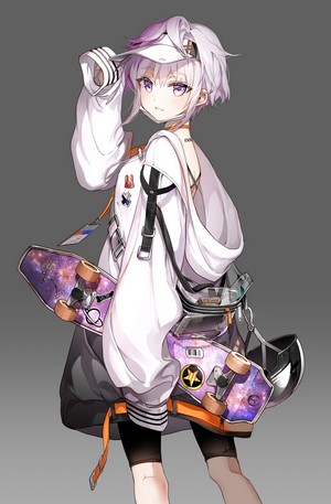 Anime girl with purple eyes and silver hair holding a skateboard