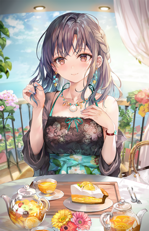 Momoko enjoying tea and cake on a balcony
