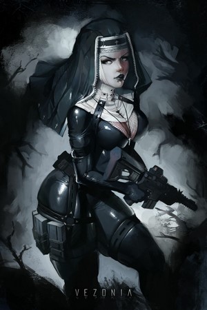 Dark Nun with Machine Gun and Latex Outfit
