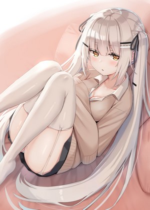 Anime girl with silver twintails wearing thigh-highs