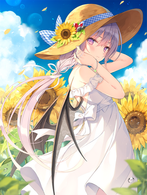 Anime girl with purple hair and wings in a sunflower field