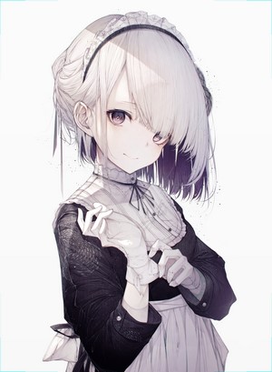 Maid anime girl with purple eyes and white hair