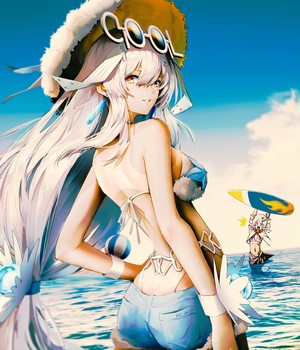 Girl from Gray Raven wearing bikini and shorts on beach