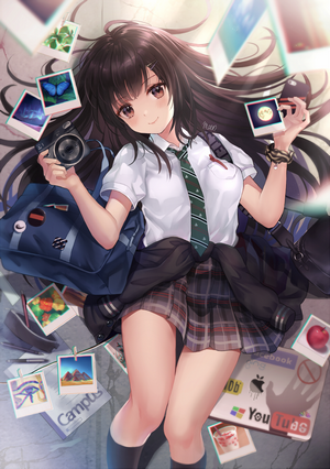 Anime girl in school uniform with camera and photos