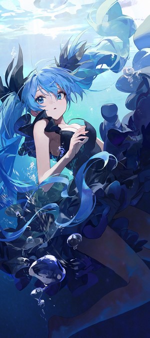 Hatsune Miku underwater in a black dress